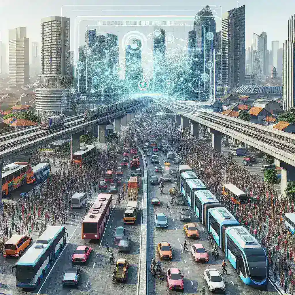 "Illustration of Jakarta's transportation system integrating AI technology for traffic congestion prediction, showcasing public transport vehicles and data analytics graphics."