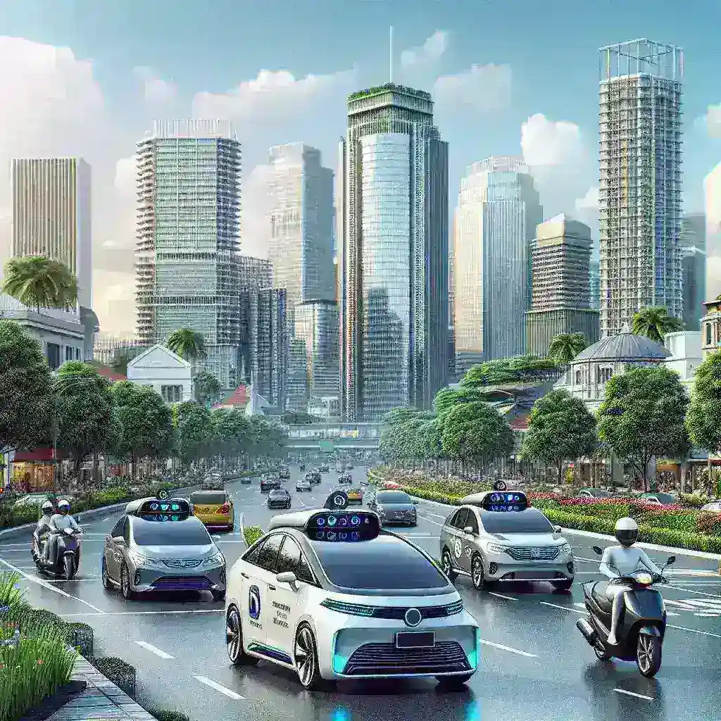 "Uji coba taksi otonom Jakarta oleh Kementerian Perhubungan, menampilkan kendaraan otonom yang siap beroperasi dalam lingkungan perkotaan."