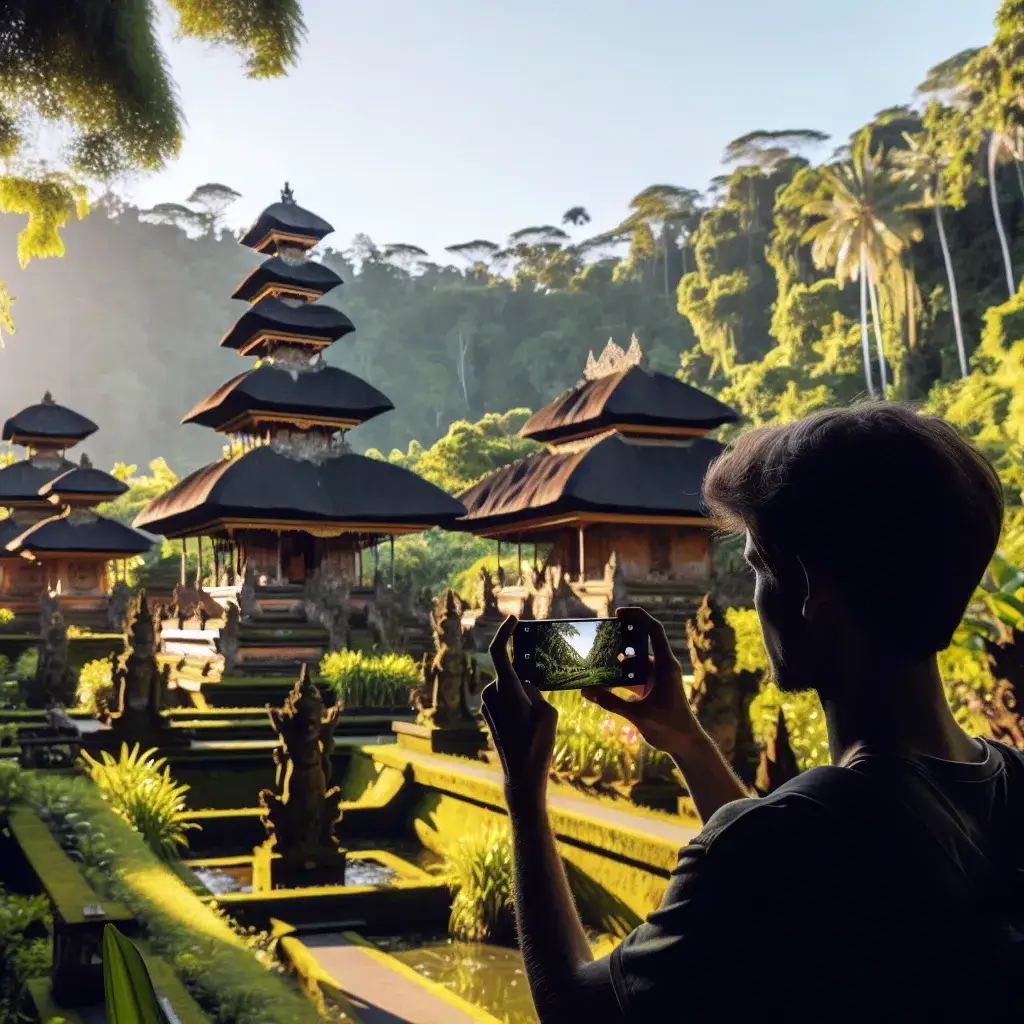 "Memotret keindahan Ubud Palace menggunakan kamera Oppo Find X8 dengan fokus pada arsitektur dan lanskap tropis yang memukau di Bali."